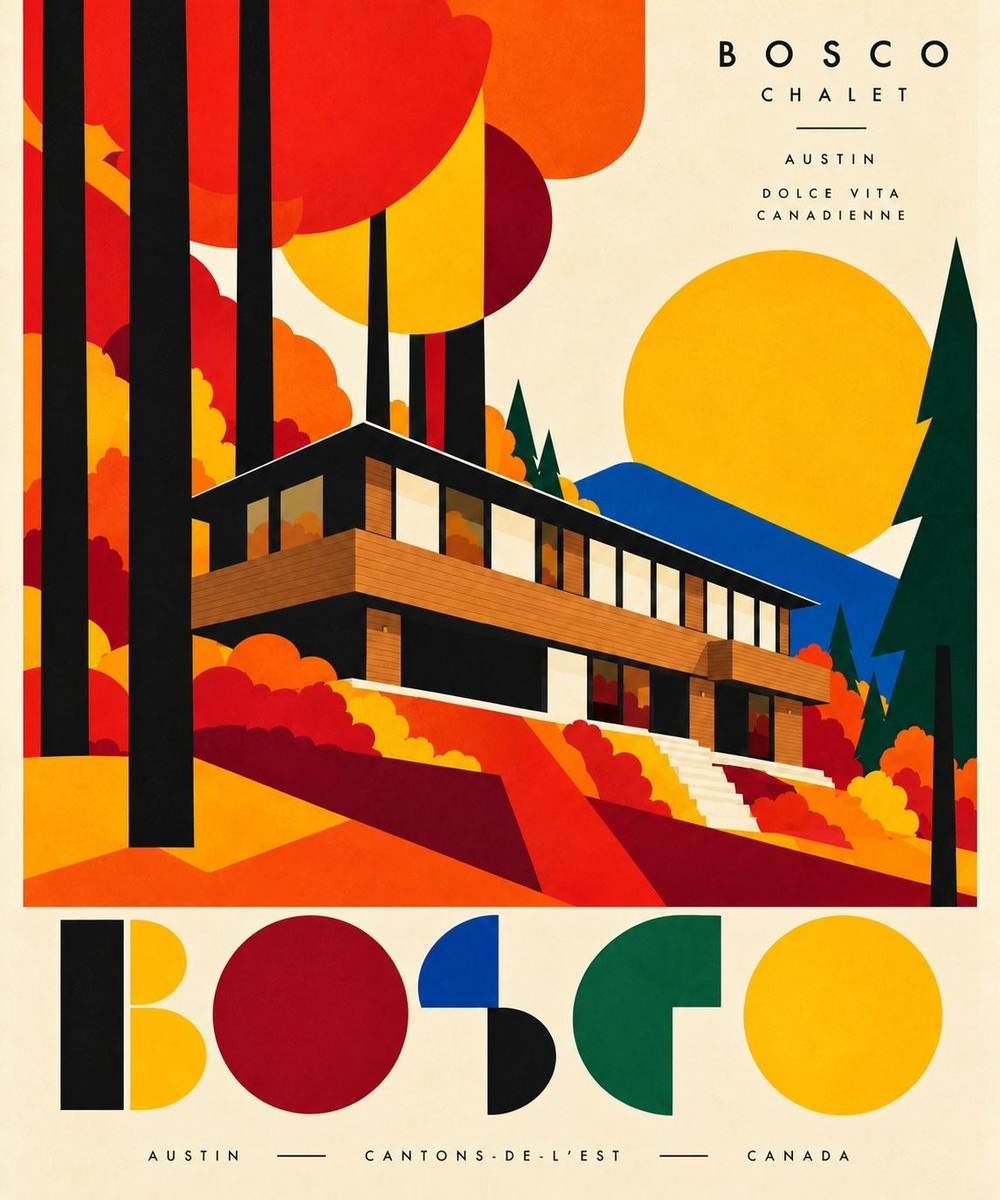 L’affiche BOSCO de l’automne : le chalet entre les érables rouges et orangés.