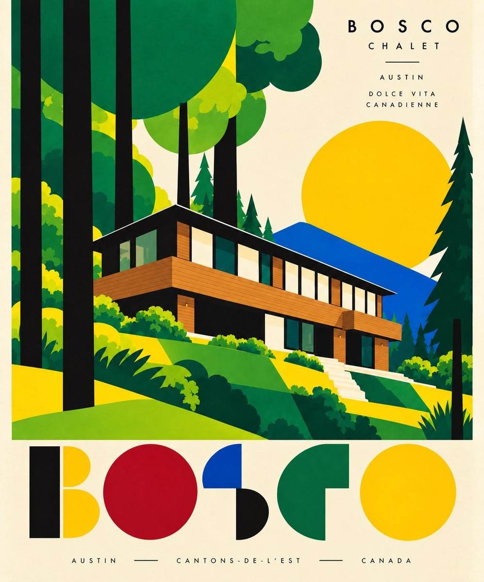 L’affiche BOSCO de l’été : le chalet dans la forêt verte, sous le grand soleil jaune.