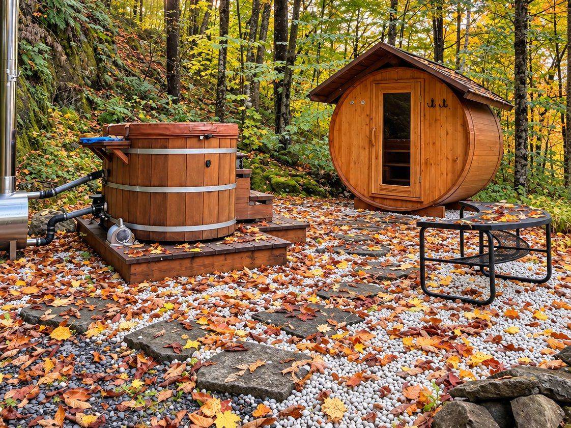 Le bain en cèdre et le sauna baril dans la forêt d’automne.